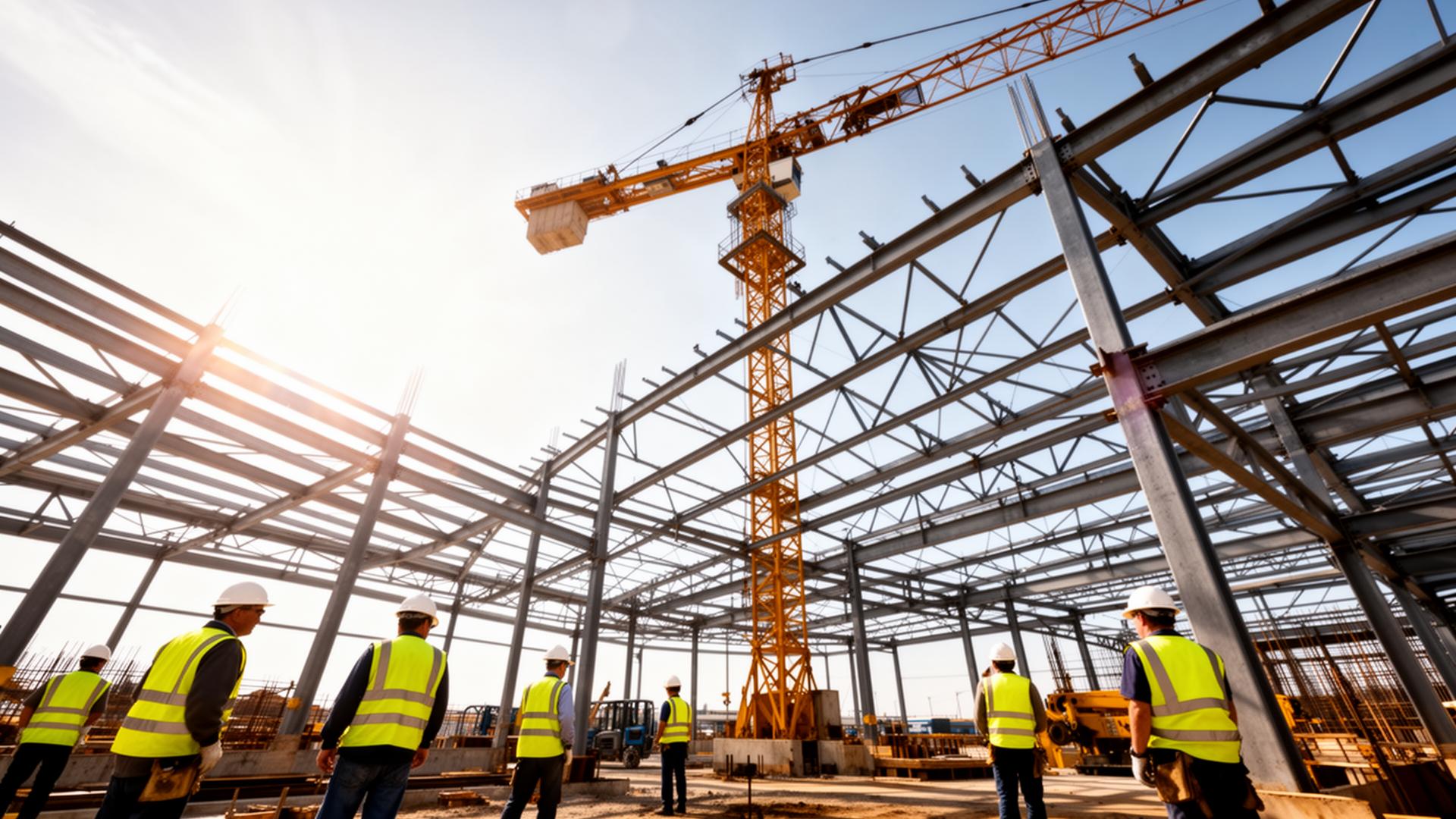 Construction site with crane and steel framework